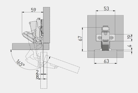 Zawias kątowy 165°